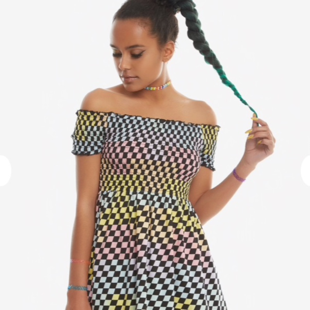 Off the Shoulder Pastel Checkerboard Dress